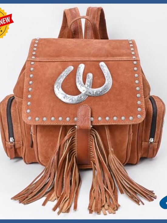 Genuine Suede Leather Backpack with Fringes Tassels Concho Western Style